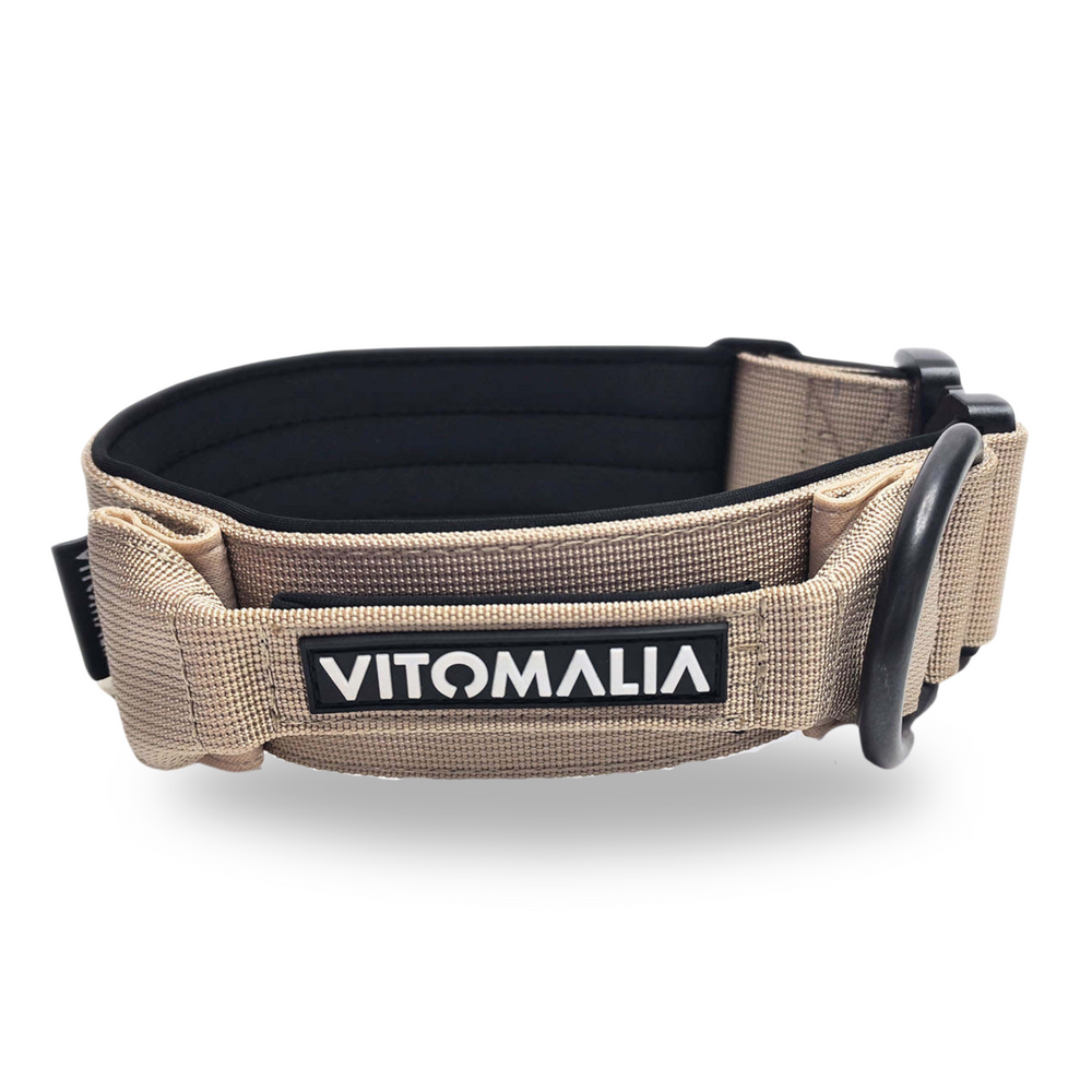 Taktisches Hundehalsband mit belastbarer Schnalle & Magnet Handgriff - Beige - Vitomalia - Hundehalsband Extreme Edition